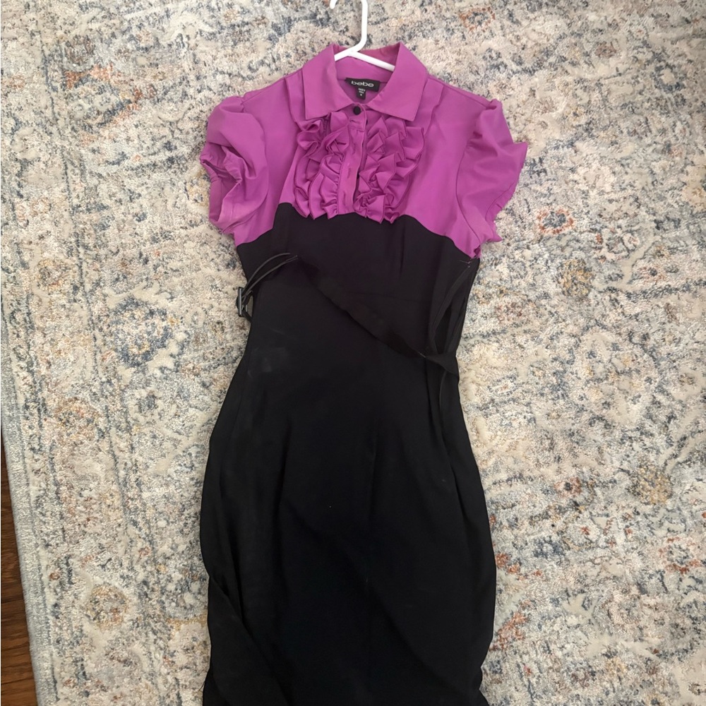 bebe Two-Tone Purple and Black Ruffle-Front Midi Dress